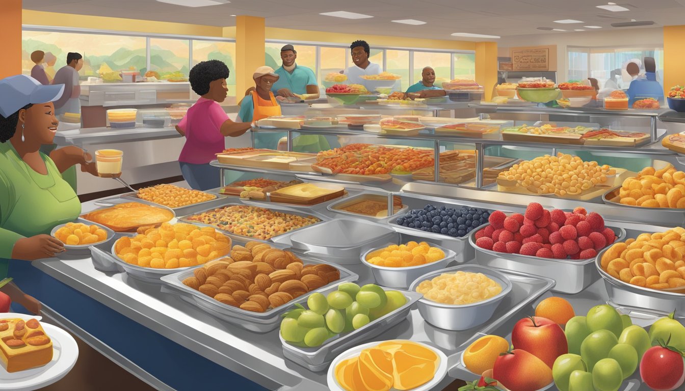 A bustling breakfast buffet at Golden Corral, featuring a wide array of colorful fruits, cereals, pastries, and hot dishes. Customers navigate the spread, making choices based on their nutritional and dietary preferences