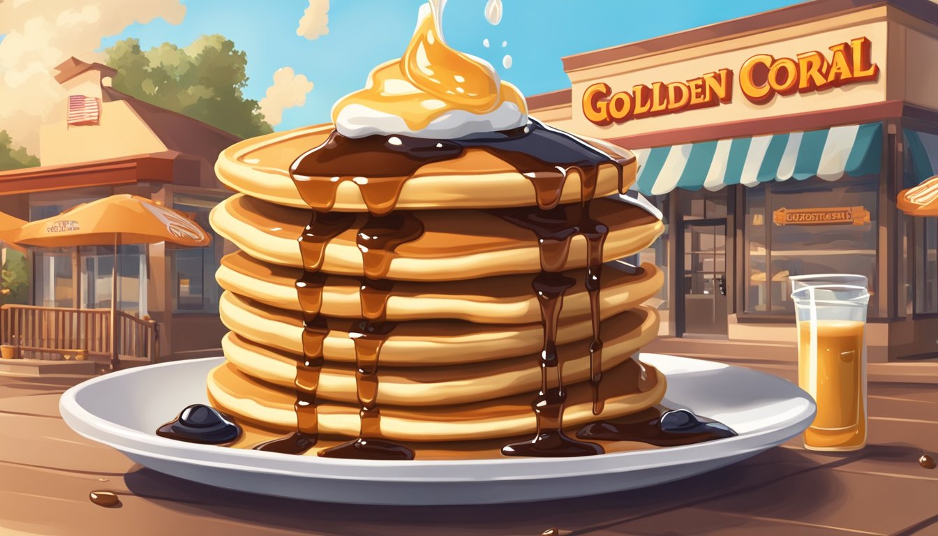 A stack of fluffy pancakes with syrup drizzling down, surrounded by promotional signs and discount offers at Golden Corral