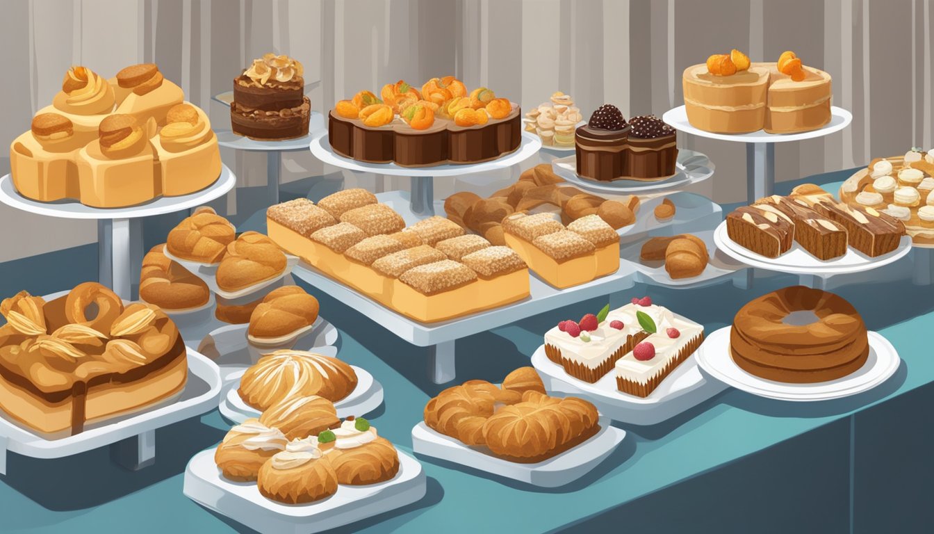 A wide array of pastries and baked goods displayed on a buffet table, with various options for customers to choose from