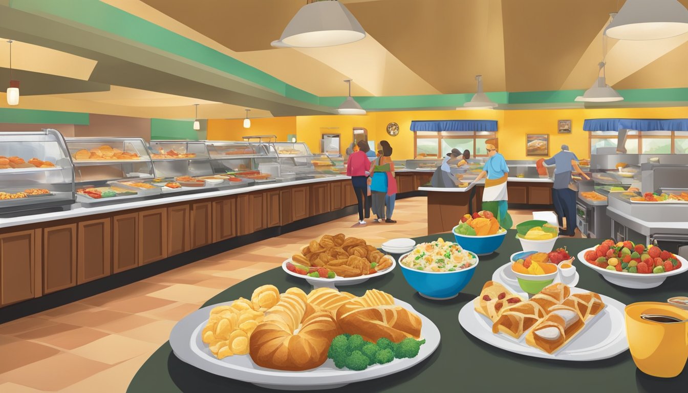 A bustling breakfast buffet at Golden Corral, with a wide array of hot and cold dishes, fresh fruit, and pastries. The restaurant is filled with hungry patrons enjoying the all-you-can-eat offerings