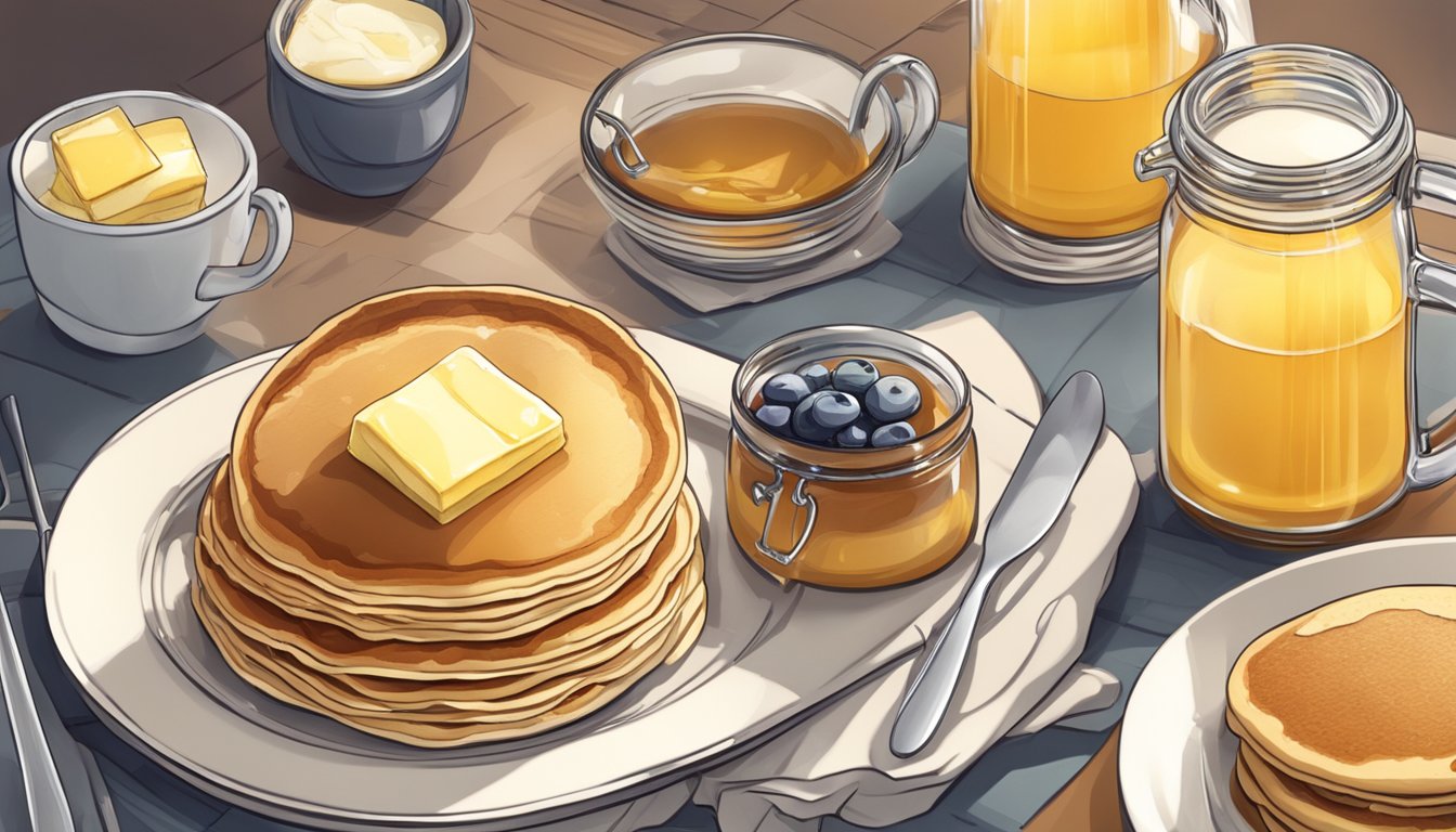 A stack of fluffy pancakes topped with butter and syrup on a plate, surrounded by a warm and inviting breakfast spread