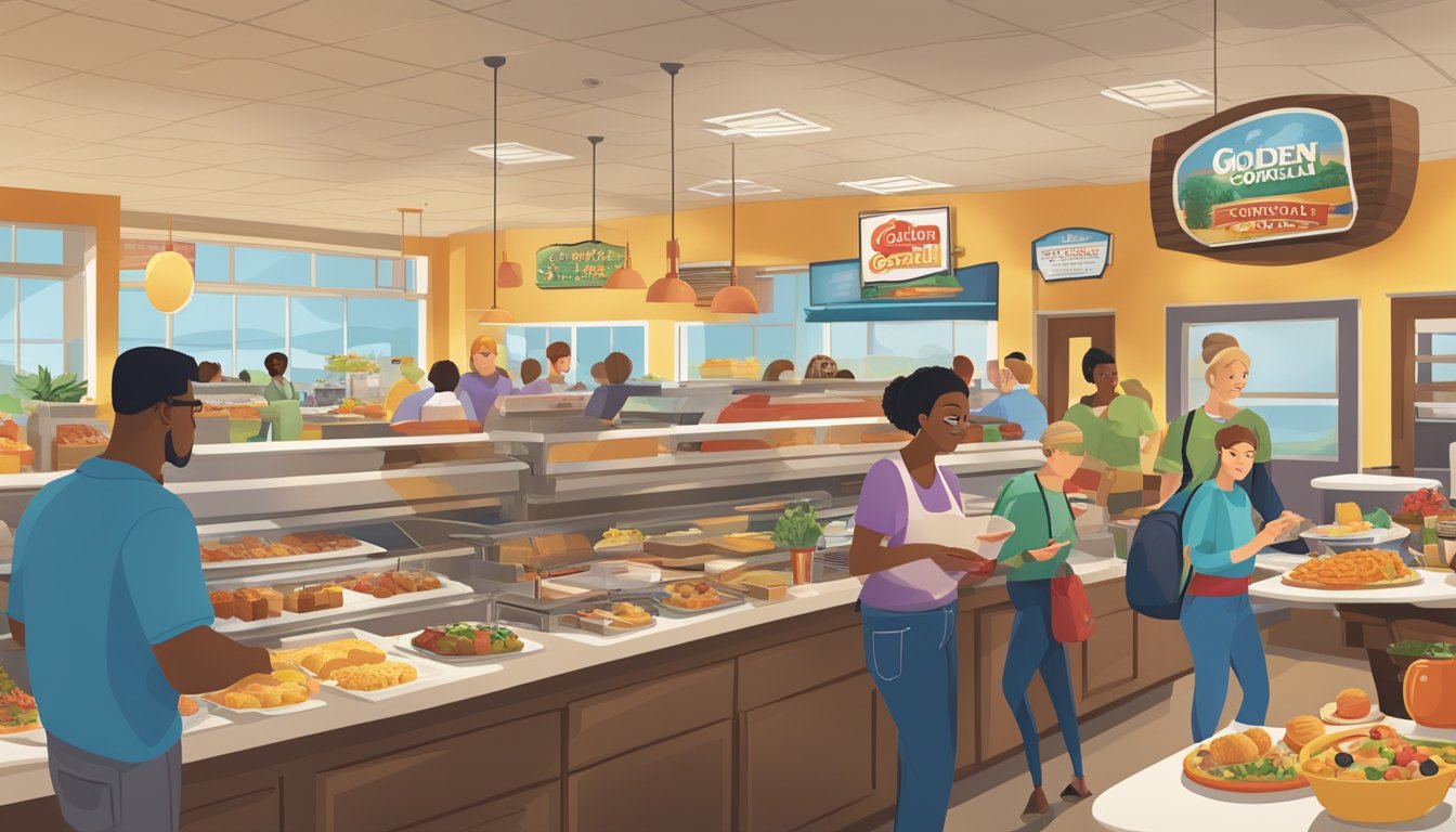 A bustling breakfast buffet at Golden Corral, with a variety of food options and signage advertising promotions and deals. Customers navigate the spread, making choices based on the psychology of discounts