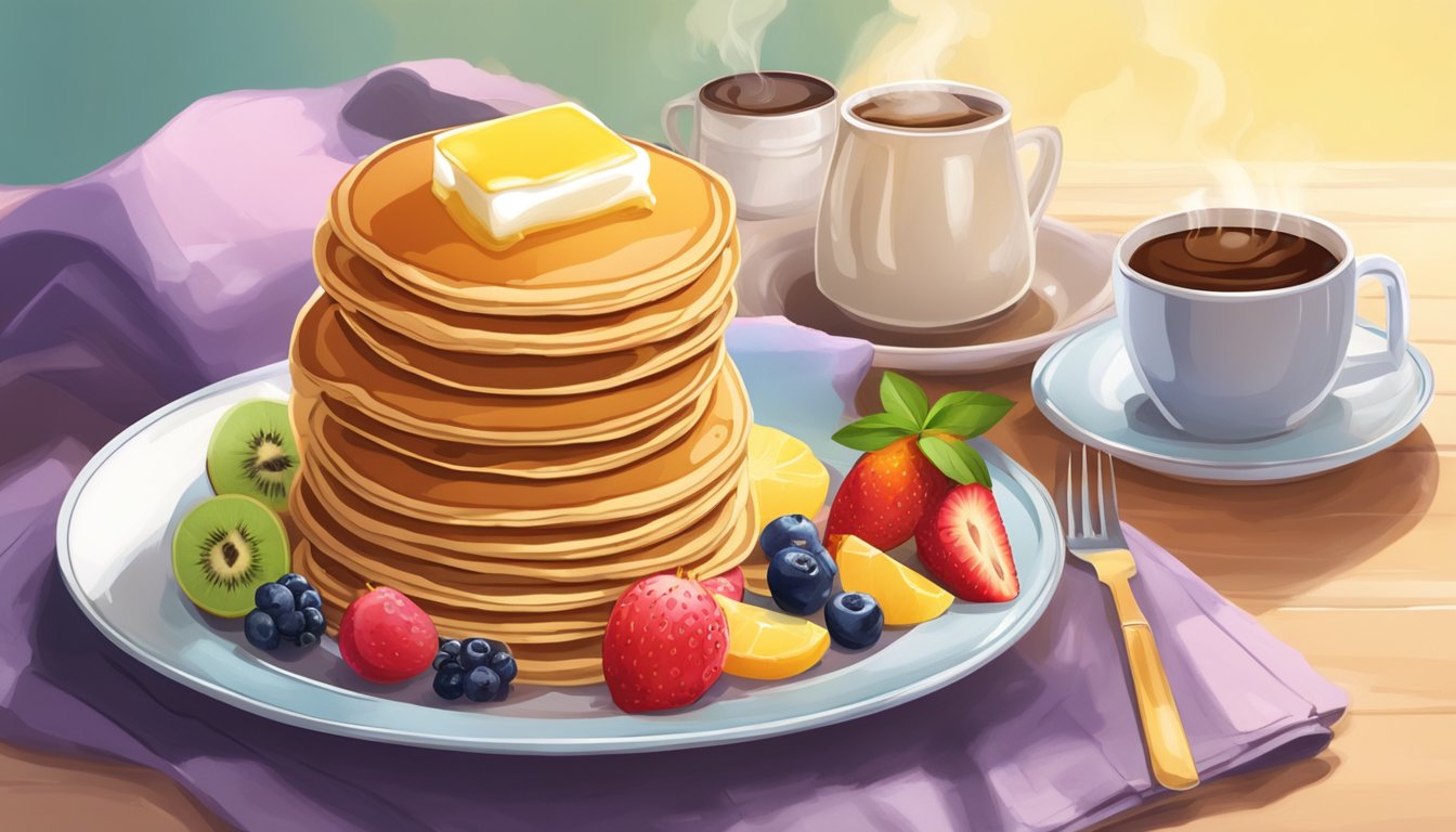 A stack of fluffy pancakes topped with butter and syrup on a plate, surrounded by a colorful assortment of fresh fruit and a steaming cup of coffee