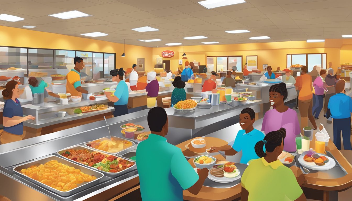 A bustling breakfast buffet at Golden Corral, with a colorful array of dishes and beverages, patrons making selections, and staff replenishing the spread