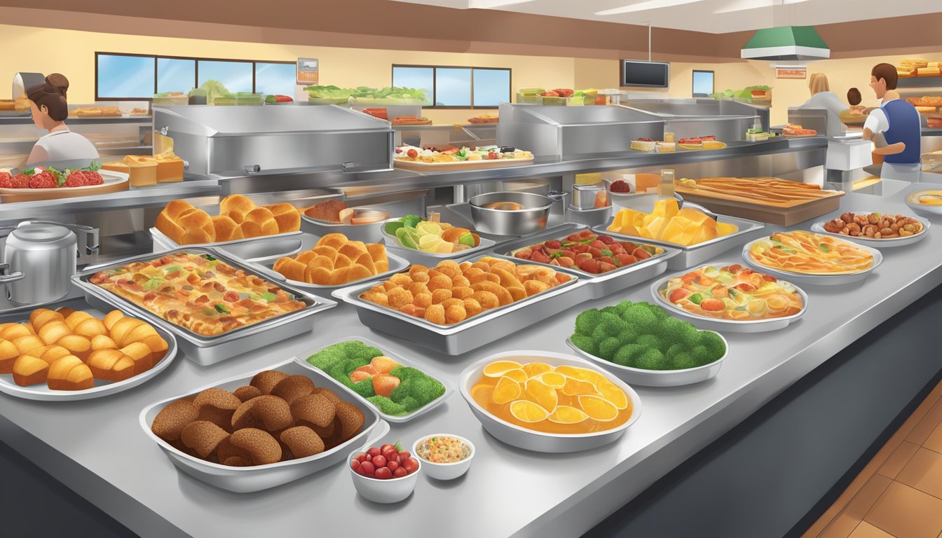 A bustling breakfast buffet at Golden Corral, with a variety of hot and cold dishes, fresh fruit, pastries, and beverages displayed on a long, well-lit counter