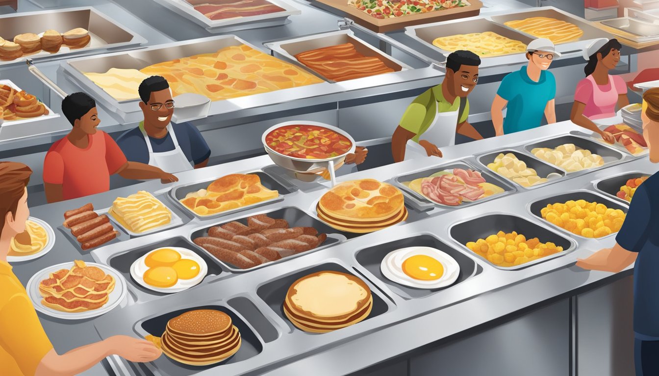 Customers serving themselves from a wide variety of breakfast items at Golden Corral's buffet, including pancakes, eggs, bacon, sausage, and fresh fruit