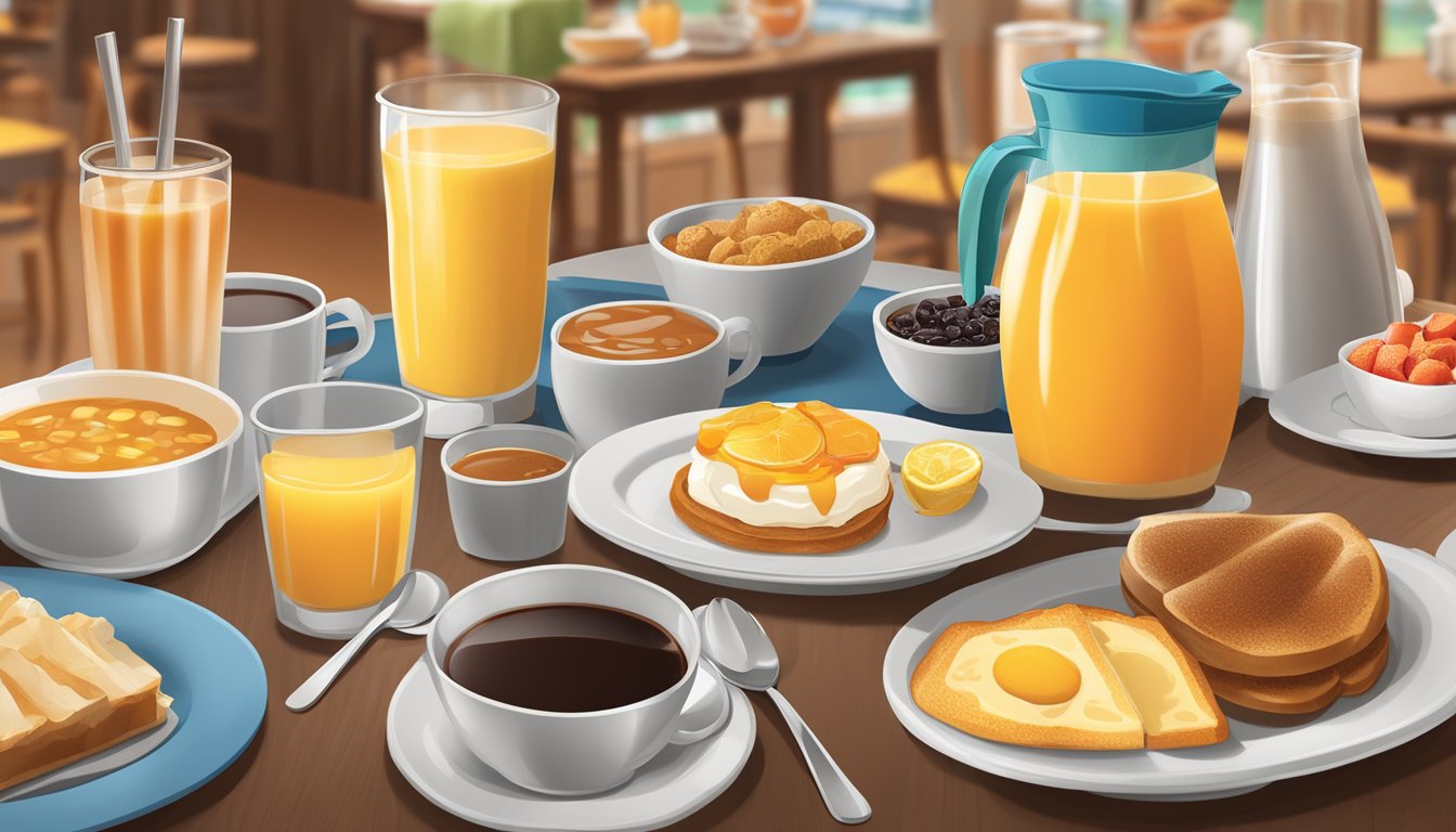 A breakfast buffet with a variety of beverages, including coffee, orange juice, and other options, displayed on a table at Golden Corral