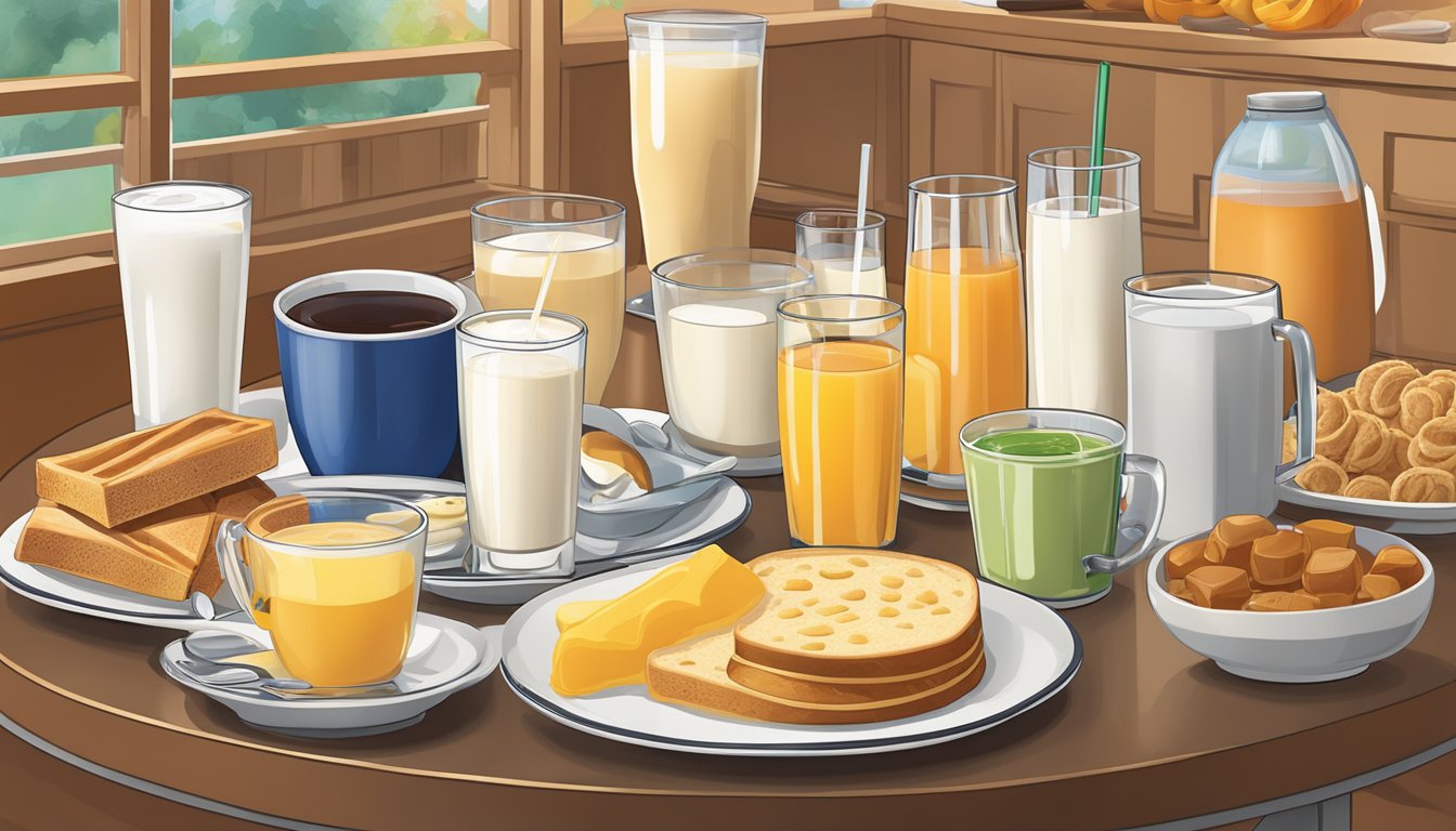 A wide variety of breakfast beverages, including milk, tea, and assorted juices, displayed on a buffet table at Golden Corral