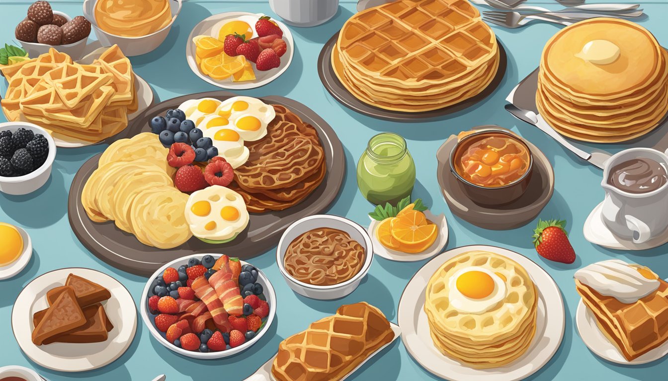 A buffet spread with pancakes, waffles, eggs, bacon, sausage, fruit, and pastries at Golden Corral