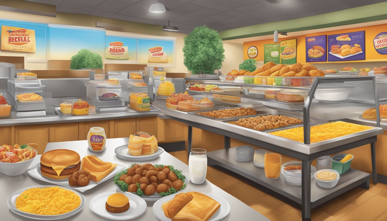 A table filled with a variety of breakfast items, surrounded by colorful promotional signs and pricing displays at Golden Corral