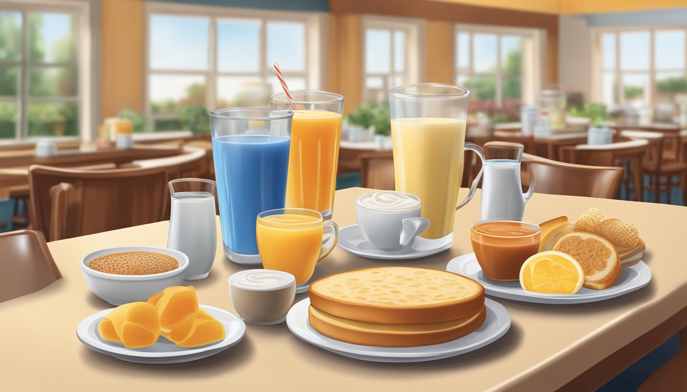 A variety of breakfast beverages, including milk, tea, and fruit juices, displayed on a buffet table at Golden Corral