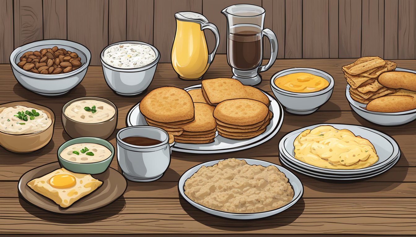 A spread of regional breakfast items, including biscuits and gravy, grits, and breakfast burritos, arranged on a rustic wooden table