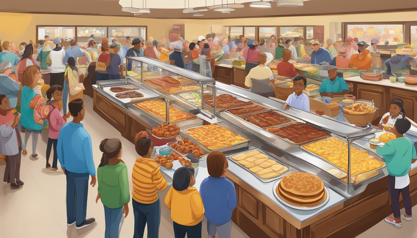 A buffet table filled with pancakes, waffles, bacon, eggs, sausage, fruit, and pastries, surrounded by eager customers at Golden Corral