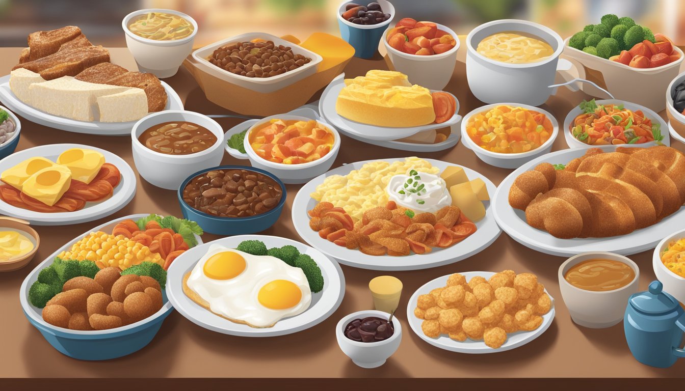 A bustling breakfast buffet at Golden Corral, featuring regional variations and special dietary options displayed on a vibrant and diverse spread of dishes