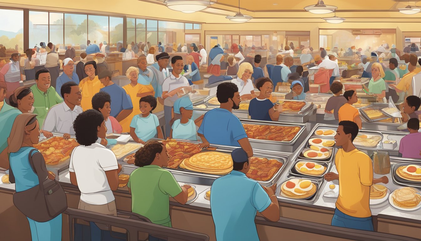 A bustling breakfast buffet at Golden Corral, with steaming trays of pancakes, eggs, and bacon, surrounded by eager customers at the Good as Gold Club