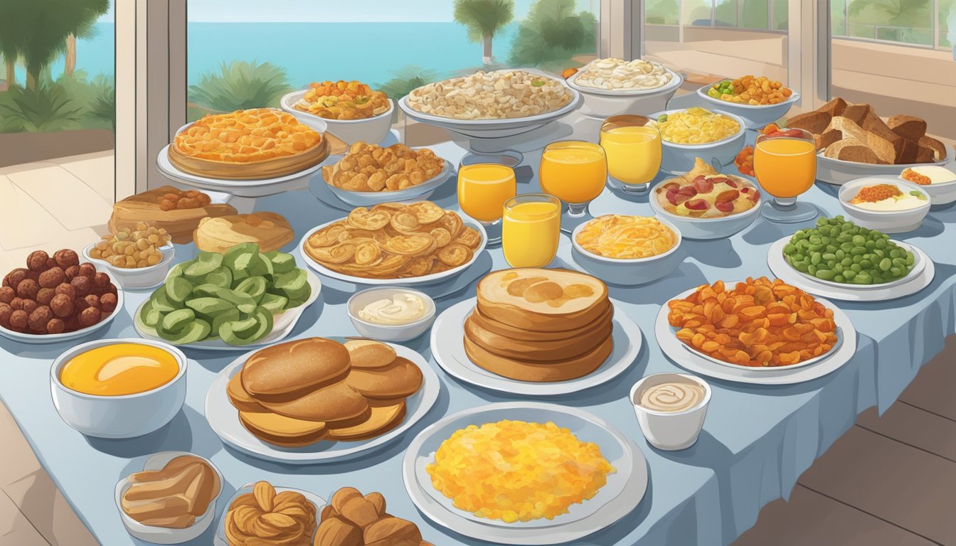 A colorful spread of breakfast items on a buffet table, with regional variations displayed and prices listed on a sign above