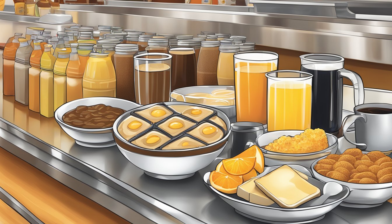 A variety of breakfast beverages displayed on a buffet table at Golden Corral, including coffee, orange juice, and other options