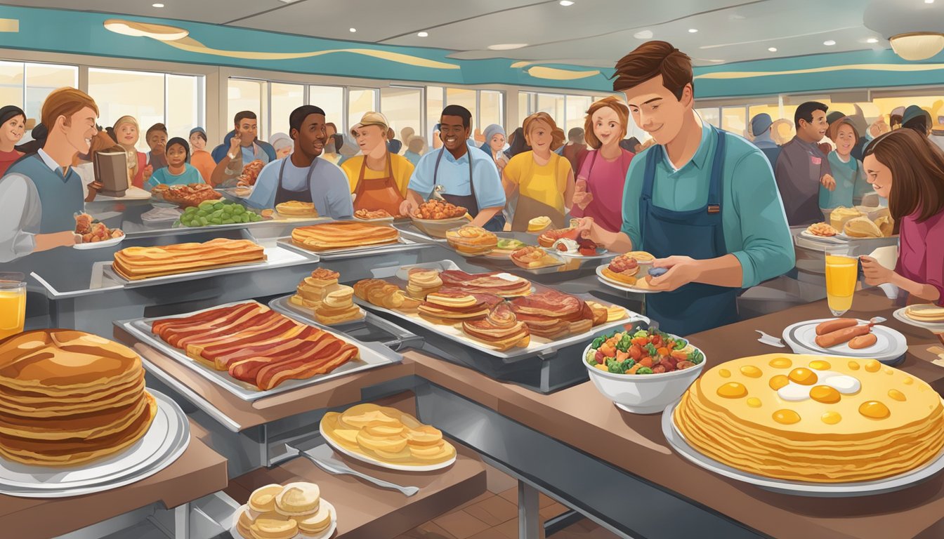 A buffet table filled with pancakes, bacon, eggs, sausage, fruit, and pastries, surrounded by hungry customers at Golden Corral