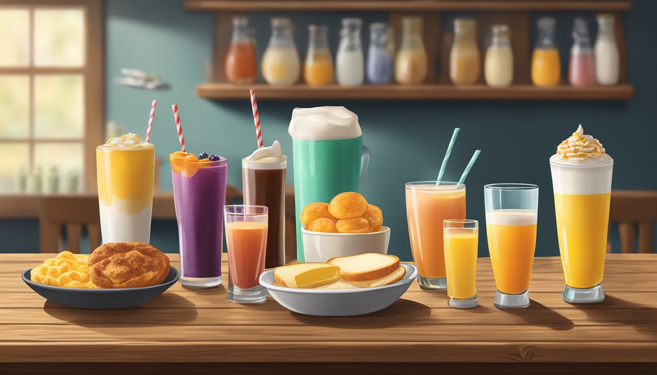 A colorful array of breakfast beverages from different regions displayed on a rustic wooden table at Golden Corral