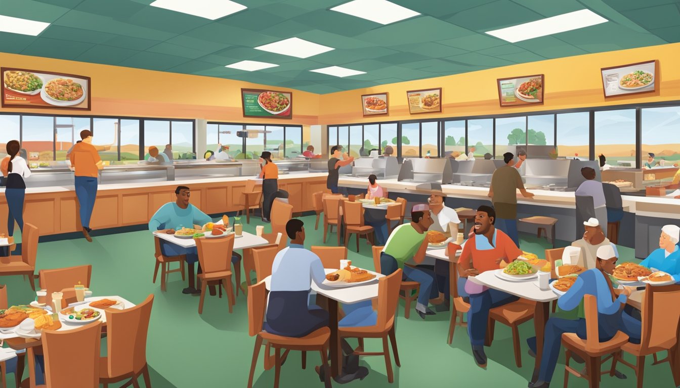 A bustling Golden Corral restaurant with diverse breakfast dishes on display, surrounded by customers enjoying their meals in various regional settings