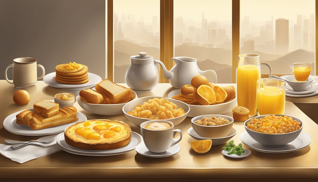 A spread of golden-hued breakfast items arranged in a visually appealing manner, with warm lighting and varied heights for visual interest