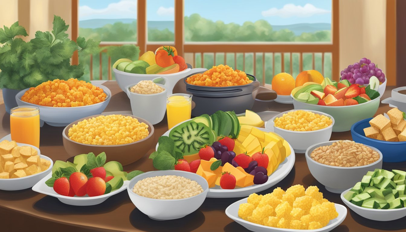 A colorful spread of fresh fruits, oatmeal, tofu scramble, and vegetable medley at Golden Corral's breakfast buffet