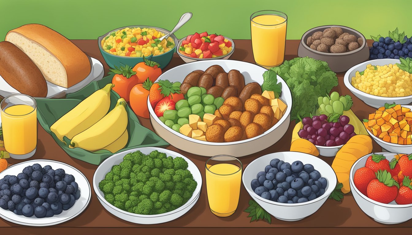 A colorful array of fresh fruits, steamed vegetables, tofu scramble, and plant-based sausages displayed on a vibrant breakfast buffet at Golden Corral