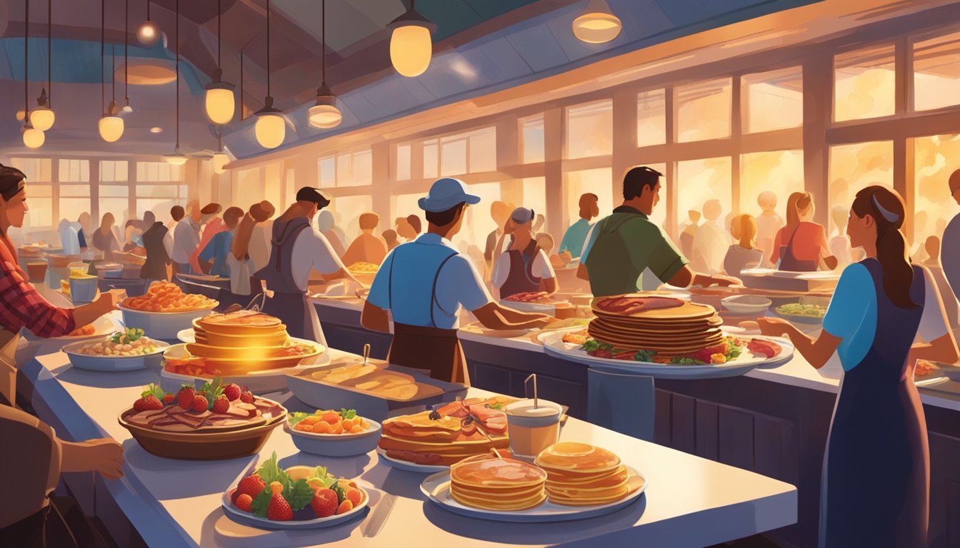 A bustling breakfast buffet with steaming trays of pancakes, sizzling bacon, and colorful fruit displays, surrounded by eager diners and the warm glow of morning light