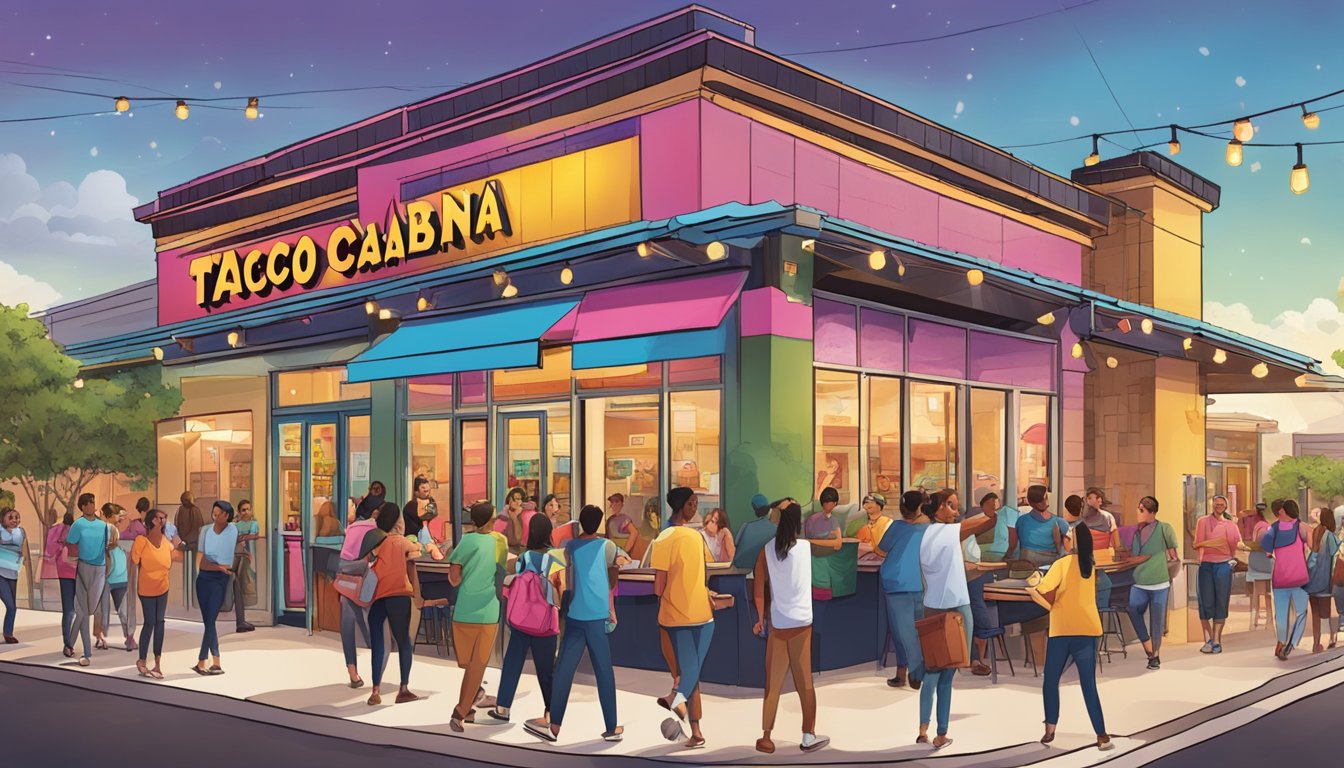 A bustling San Antonio street with a vibrant, newly opened Taco Cabana restaurant, surrounded by excited customers and a lively atmosphere