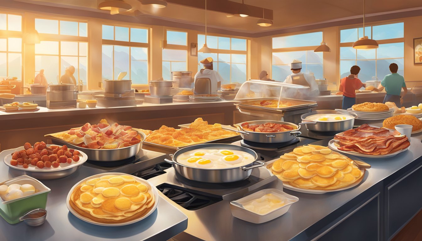 A bustling breakfast buffet at Golden Corral, with steam rising from trays of pancakes, bacon, eggs, and fresh fruit, all bathed in warm, golden light