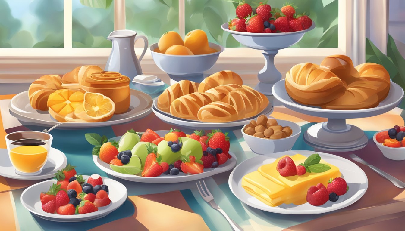 A colorful breakfast buffet spread with steaming dishes, fresh fruits, and pastries, set against a warm, inviting backdrop