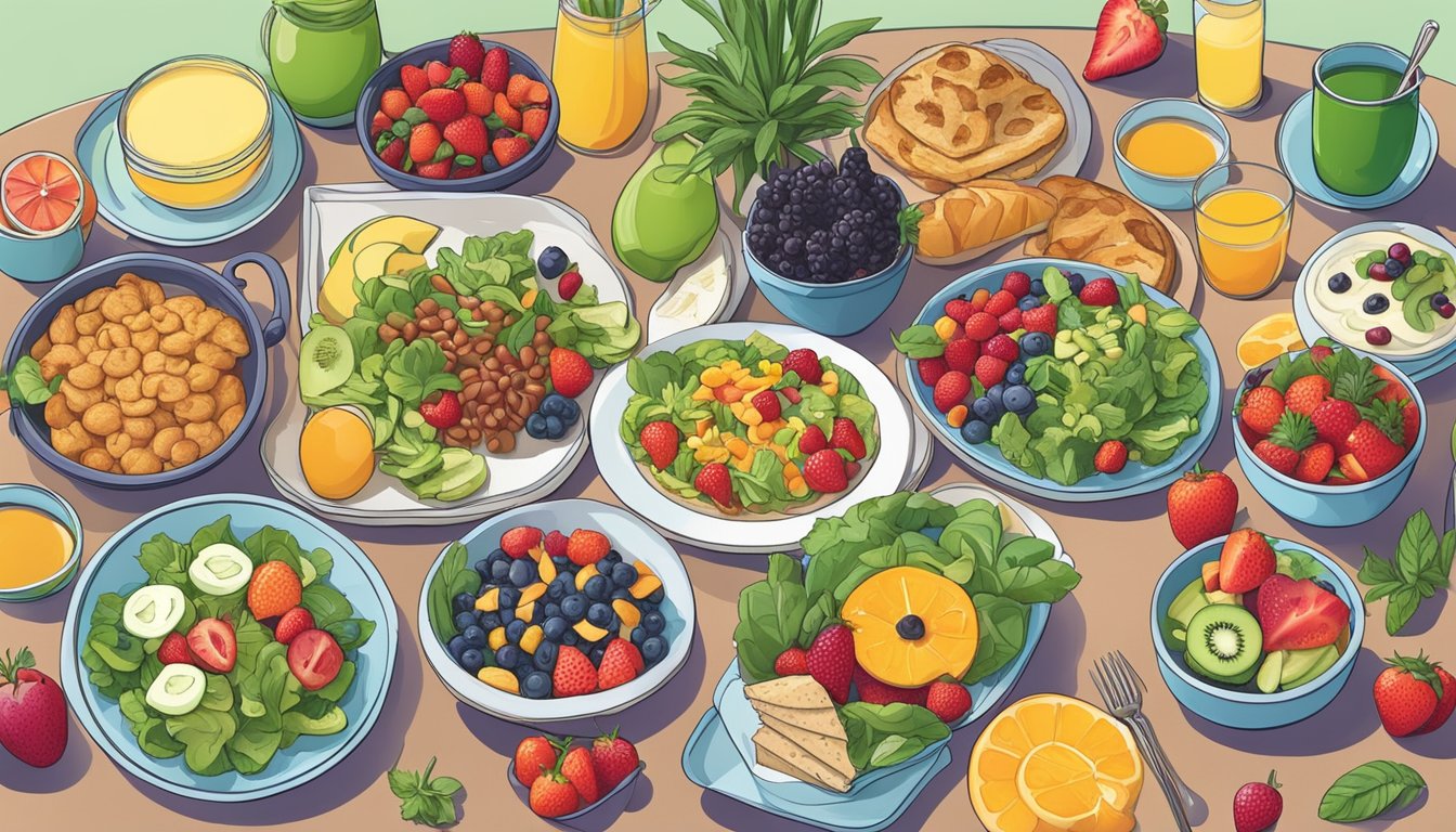 A colorful breakfast buffet spread with a variety of vegan and vegetarian options, including fresh fruits, salads, plant-based protein dishes, and dairy-free alternatives