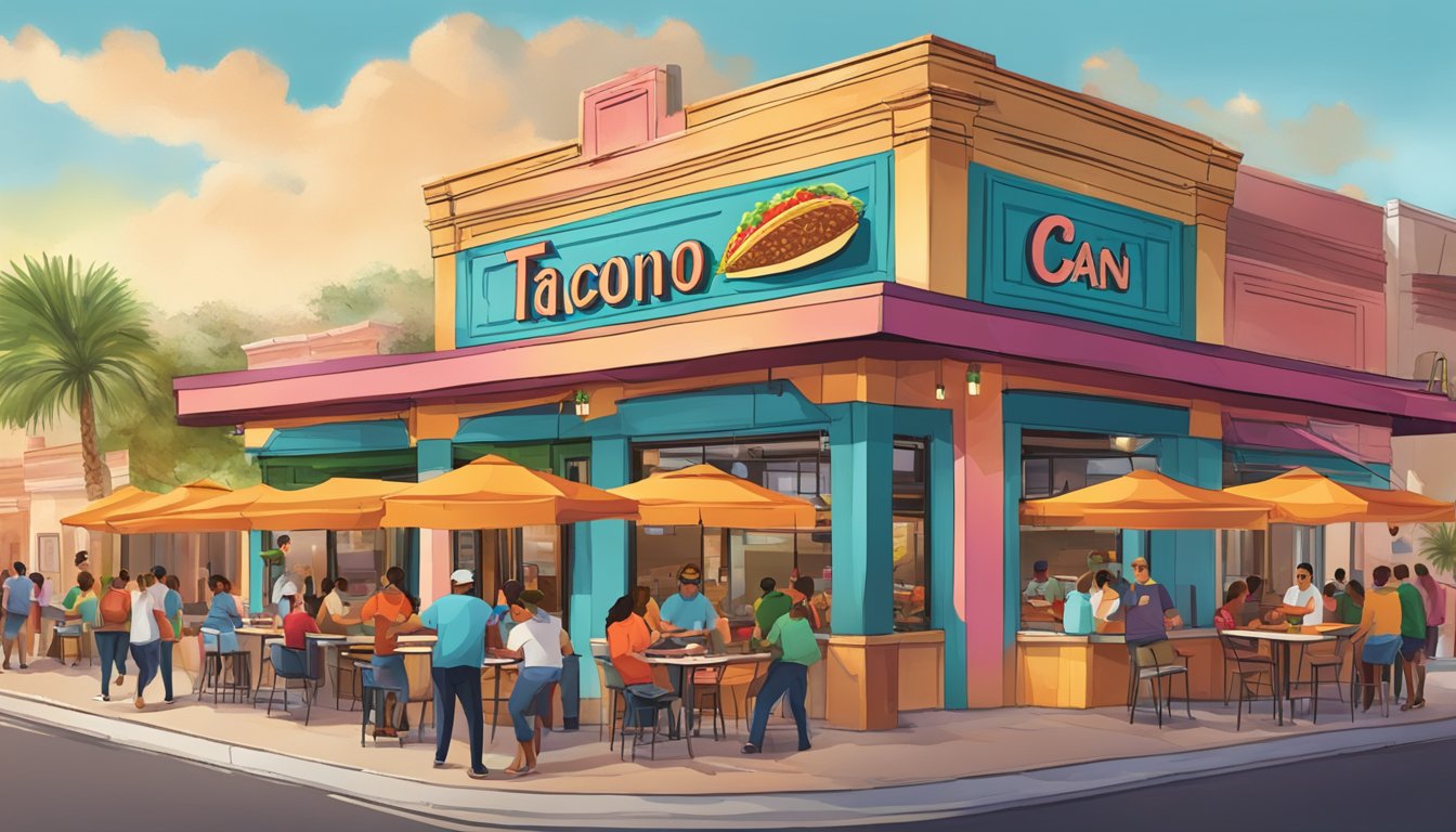 A bustling San Antonio street with a vibrant Taco Cabana restaurant, filled with happy customers enjoying delicious Mexican cuisine