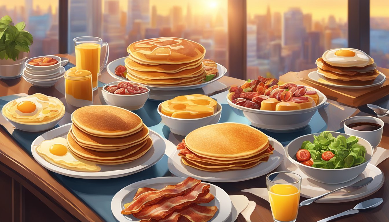 A bustling breakfast buffet with a variety of dishes, from fluffy pancakes to sizzling bacon, all under the warm glow of the morning sun