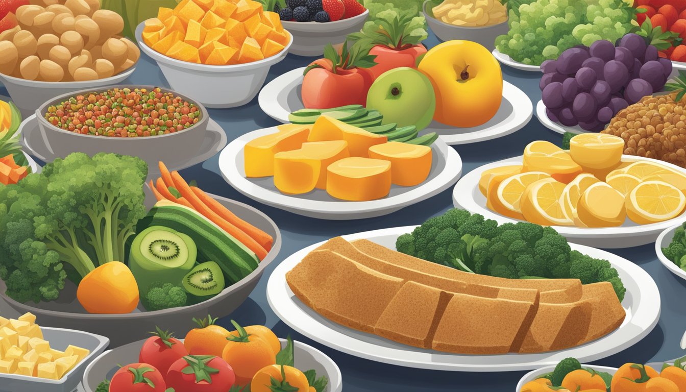 A colorful array of fresh fruits, steamed vegetables, and plant-based proteins fill the buffet trays at Golden Corral, offering a variety of vegan and vegetarian options for customizing your breakfast plate