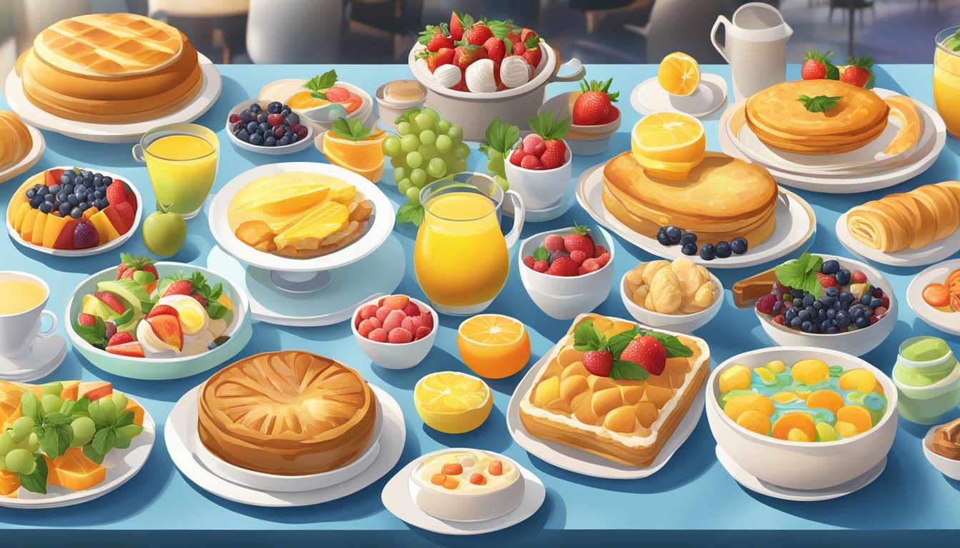 A colorful array of steaming breakfast dishes, fresh fruits, and pastries spread across a gleaming buffet table in a bright, spacious restaurant