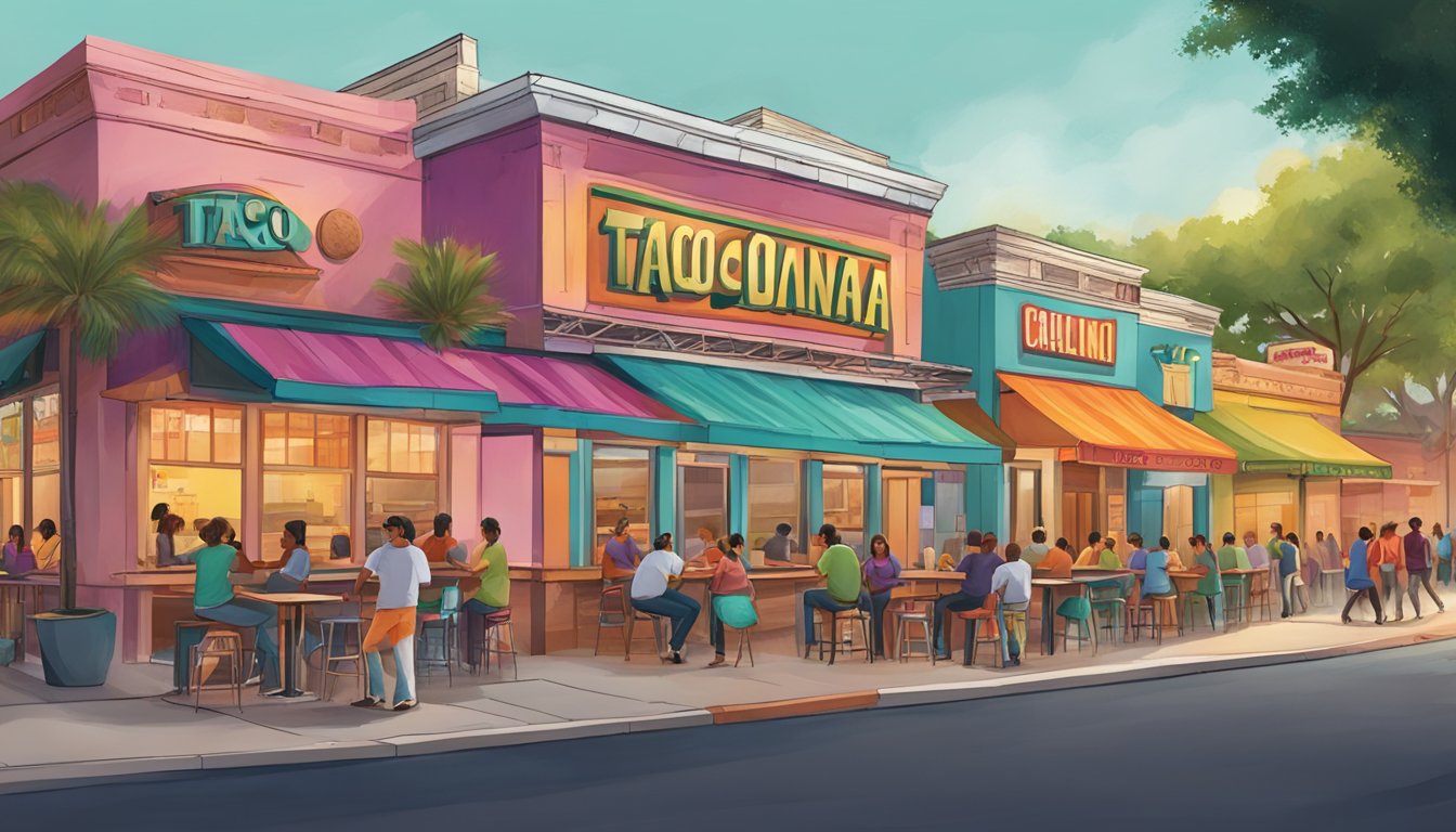 A bustling San Antonio street with a vibrant Taco Cabana restaurant at the center, surrounded by diverse customers enjoying Mexican cuisine