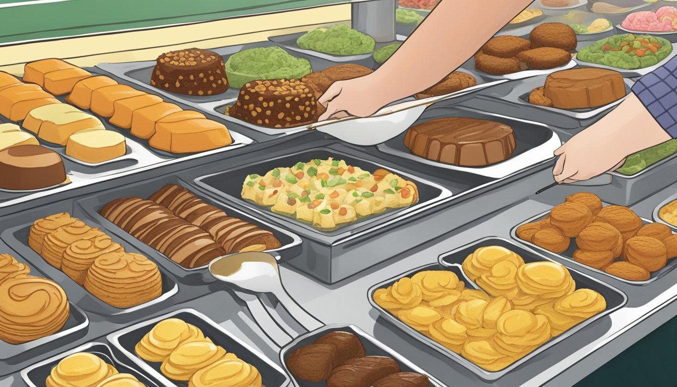 Customers selecting from a variety of vegan desserts and vegetarian options at a Golden Corral breakfast buffet