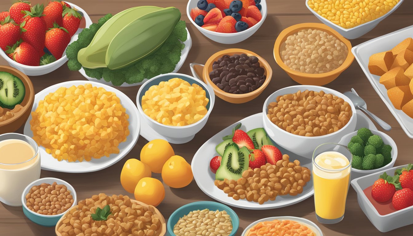 A bountiful breakfast buffet at Golden Corral featuring a colorful array of fresh fruits, vegetables, grains, and plant-based protein options