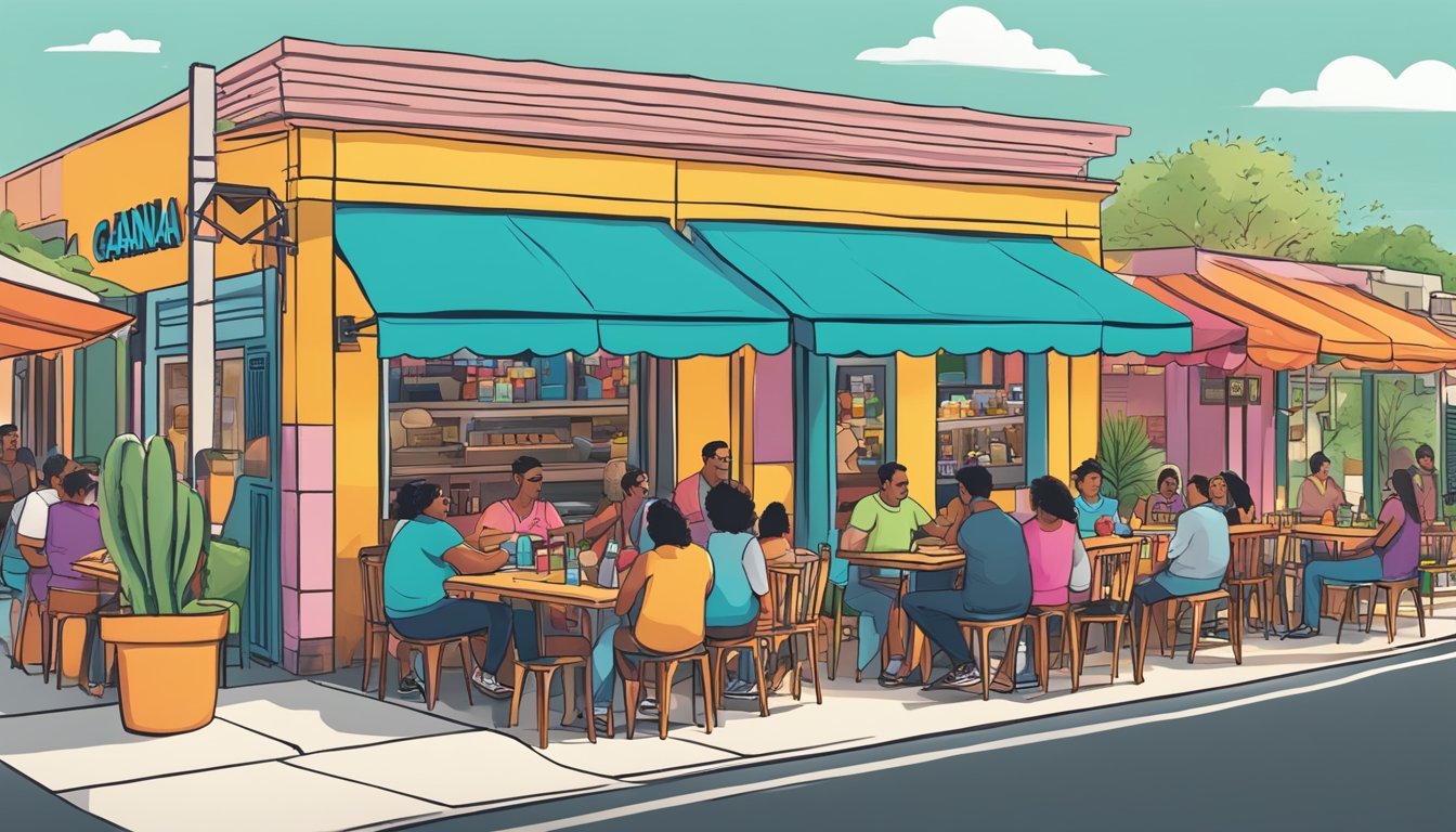 A bustling San Antonio street with a colorful Taco Cabana storefront, surrounded by happy customers enjoying their meals at outdoor tables