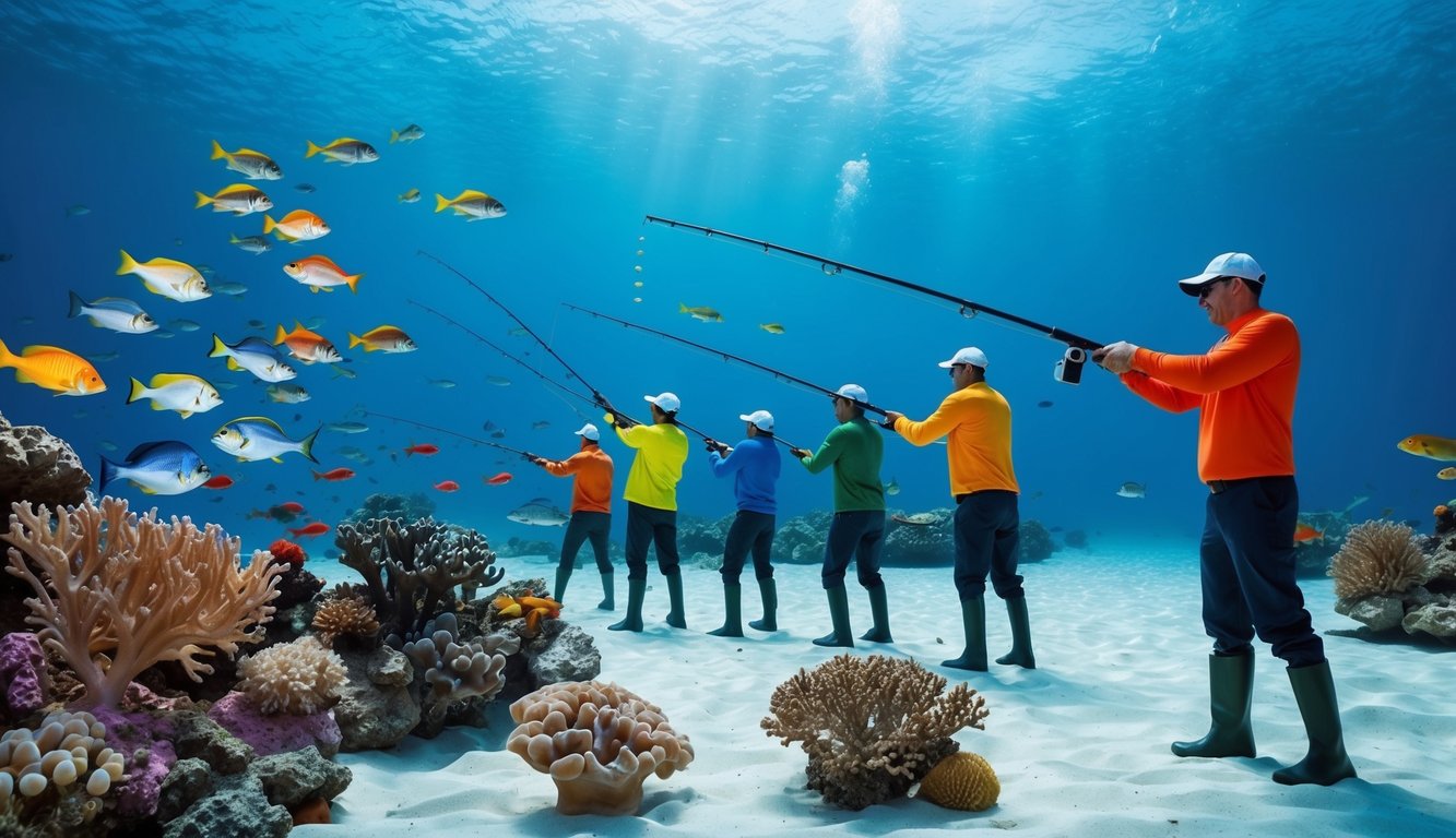 Sebuah dunia bawah air yang tenang dengan ikan berwarna-warni, terumbu karang, dan sekelompok pemula yang mengarahkan senapan pancing mereka