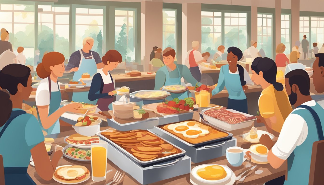 A bustling breakfast buffet filled with steaming trays of pancakes, bacon, eggs, and fresh fruit. Families gather around tables, enjoying a hearty morning meal together