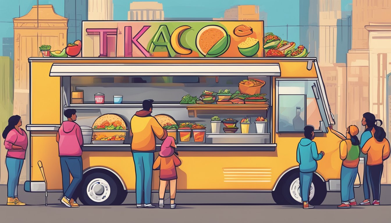 A bustling food truck with a colorful logo serves up a variety of tacos and other Mexican dishes. A line of customers eagerly waits to place their orders