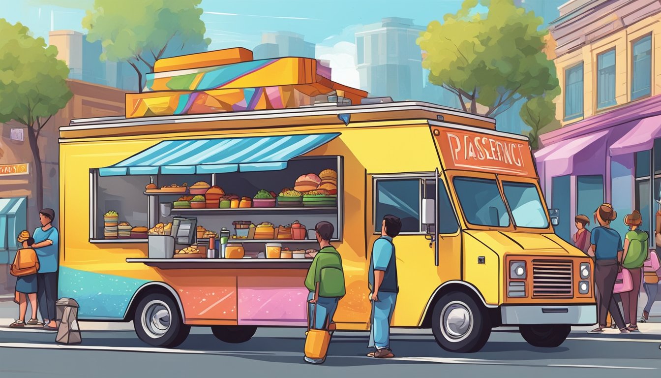 A colorful food truck surrounded by eager customers, with a line stretching down the block. The vibrant logo and enticing menu draw in passersby