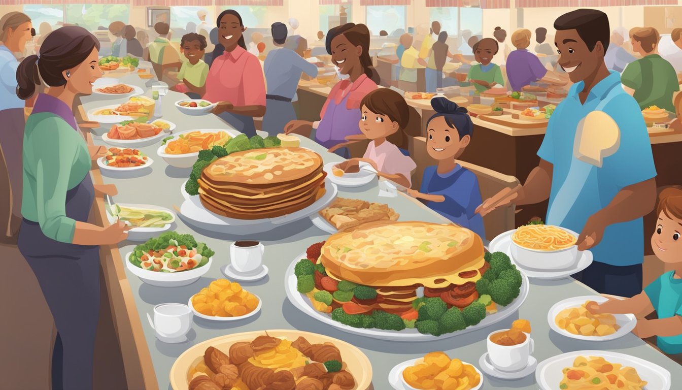 The scene is of a bustling breakfast buffet at Golden Corral, with a variety of delicious dishes laid out on the serving tables and families enjoying their meals together