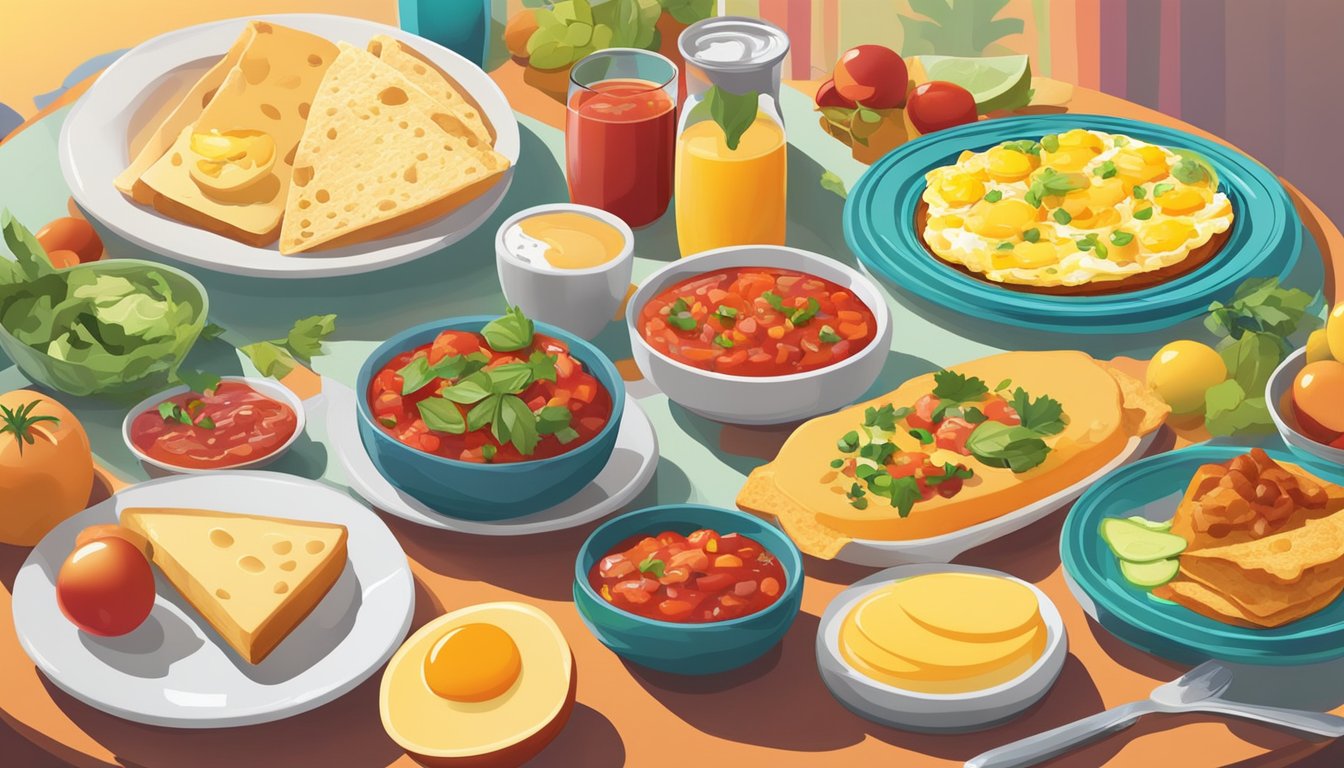 A colorful breakfast spread with a variety of ingredients, including eggs, cheese, and salsa, displayed on a vibrant table setting