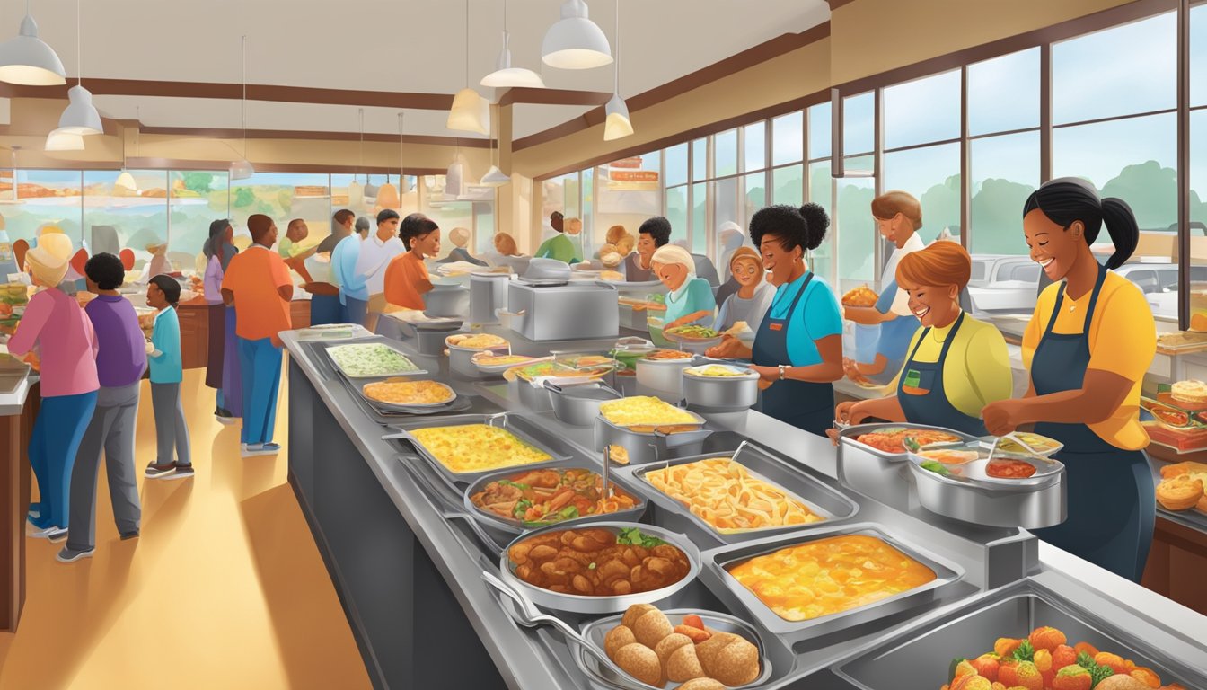 A bustling breakfast buffet at Golden Corral, with a variety of dishes and families enjoying their meal