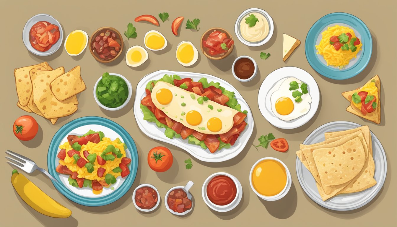 A table with a colorful array of breakfast taco ingredients: eggs, cheese, bacon, and salsa, alongside a nutritional information chart and dietary options menu