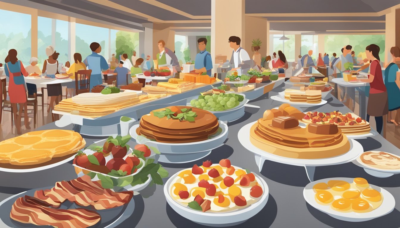 A bustling breakfast buffet with a wide array of food options, including fresh fruits, pastries, eggs, bacon, and pancakes. Tables filled with families enjoying their meals