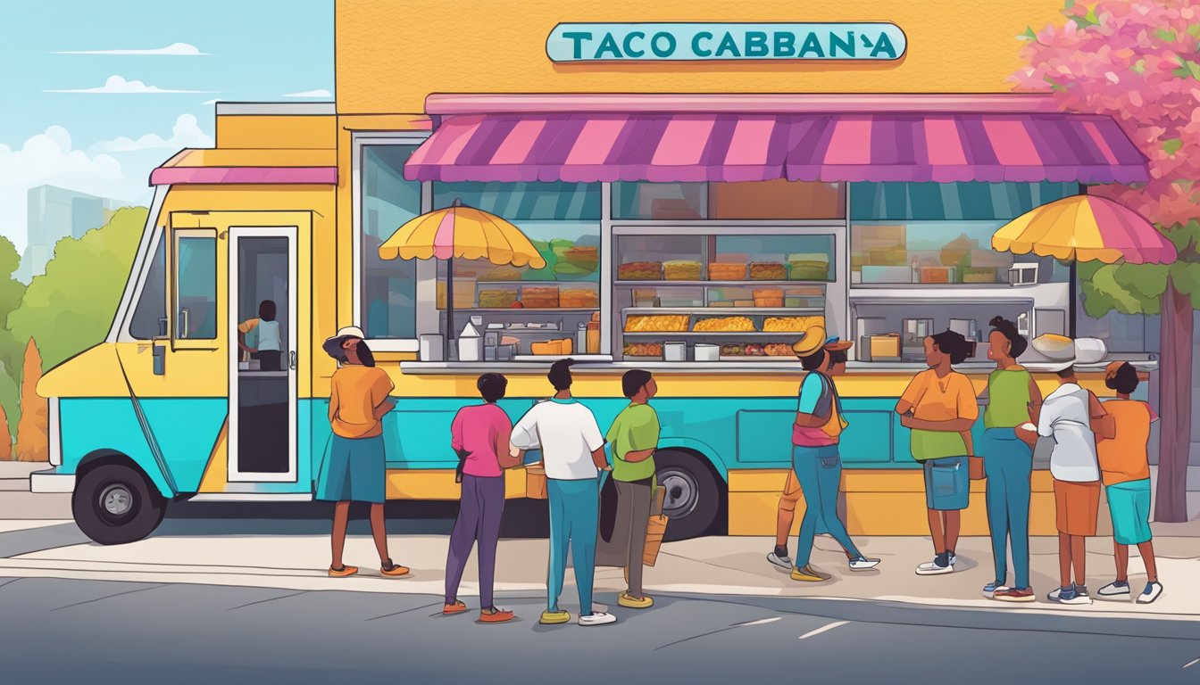 A bustling food truck transitions into a thriving franchise, with a line of customers eagerly waiting to order at the colorful and inviting Taco Cabana storefront